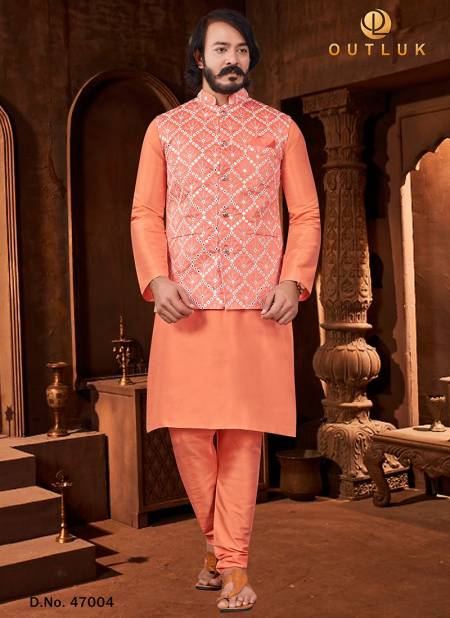 Orange Colour New Exclusive Wear Art Silk Jacquard Print Kurta Pajama With Jacket Mens Collection 47004